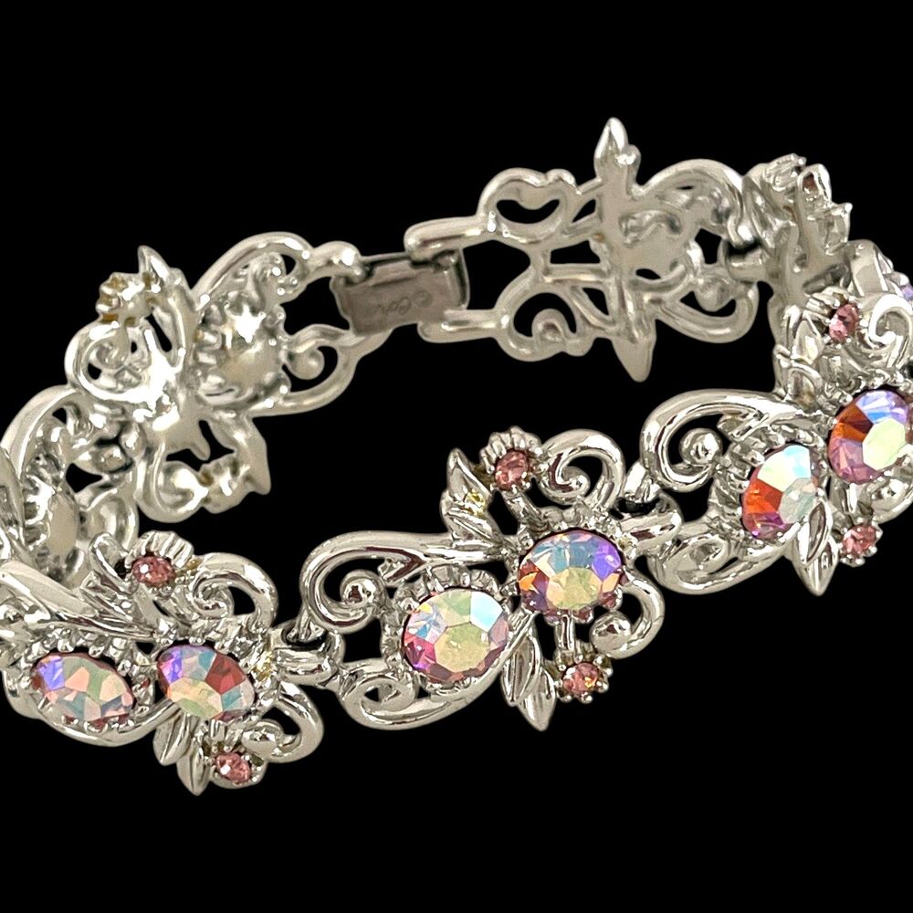 Vintage 1960s Coro Bracelet AB Rhinestone Silver Tone Floral Mid Century - 7D